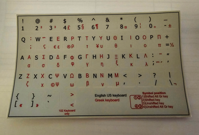 Greek and English computer keyboard stickers grey background with black and red text